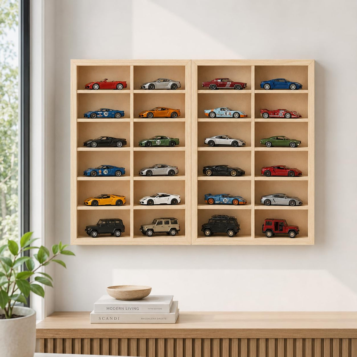 24 Compartment Wooden Display for 1:43 Scale Cars | Foldable Wall Mount and Freestanding Diecast Car Organizer Shelf | Wooden Storage Rack for Hot Wheels, Matchbox and Collectible Cars