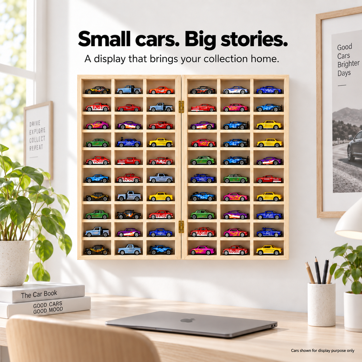 bestofCRAFT 60 Compartment Wooden Display for Cars – Holds 1:64 Scale Cars – Foldable Wall-Mount or Shelf Organizer