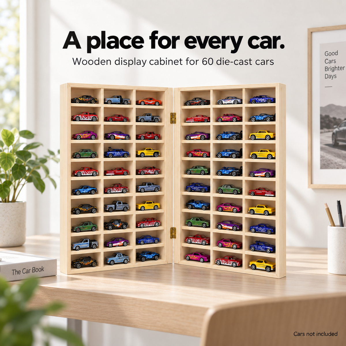 bestofCRAFT 60 Compartment Wooden Display for Cars – Holds 1:64 Scale Cars – Foldable Wall-Mount or Shelf Organizer