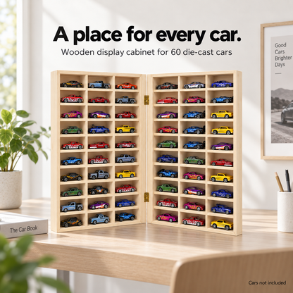 bestofCRAFT 60 Compartment Wooden Display for Cars – Holds 1:64 Scale Cars – Foldable Wall-Mount or Shelf Organizer