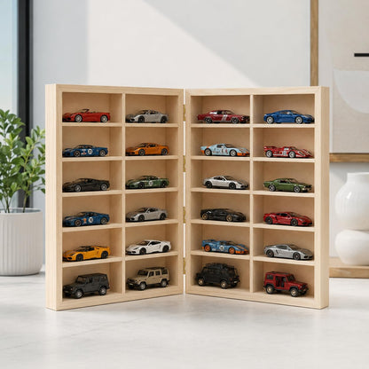 24 Compartment Wooden Display for 1:43 Scale Cars | Foldable Wall Mount and Freestanding Diecast Car Organizer Shelf | Wooden Storage Rack for Hot Wheels, Matchbox and Collectible Cars