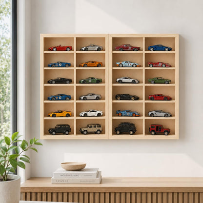 24 Compartment Wooden Display for 1:43 Scale Cars | Foldable Wall Mount and Freestanding Diecast Car Organizer Shelf | Wooden Storage Rack for Hot Wheels, Matchbox and Collectible Cars