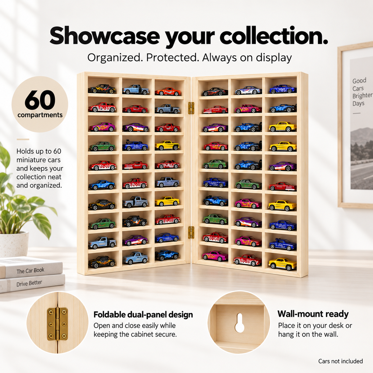 bestofCRAFT 60 Compartment Wooden Display for Cars – Holds 1:64 Scale Cars – Foldable Wall-Mount or Shelf Organizer