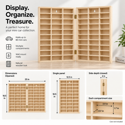 bestofCRAFT 60 Compartment Wooden Display for Cars – Holds 1:64 Scale Cars – Foldable Wall-Mount or Shelf Organizer