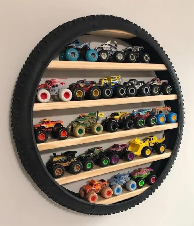 26-Inch Tyre Wall Shelf for Diecast Cars with Warm LED Light