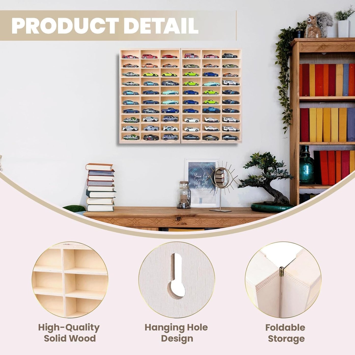 bestofCRAFT 60 Compartment Wooden Display for Cars – Holds 1:64 Scale Cars – Foldable Wall-Mount or Shelf Organizer