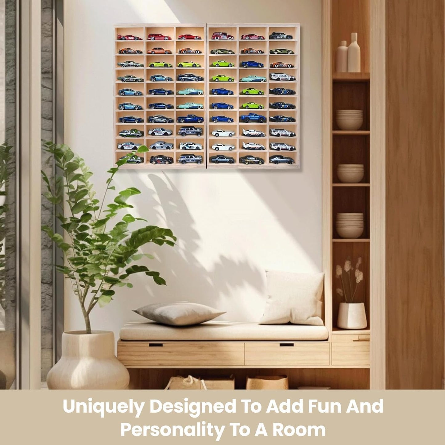 bestofCRAFT 60 Compartment Wooden Display for Cars – Holds 1:64 Scale Cars – Foldable Wall-Mount or Shelf Organizer