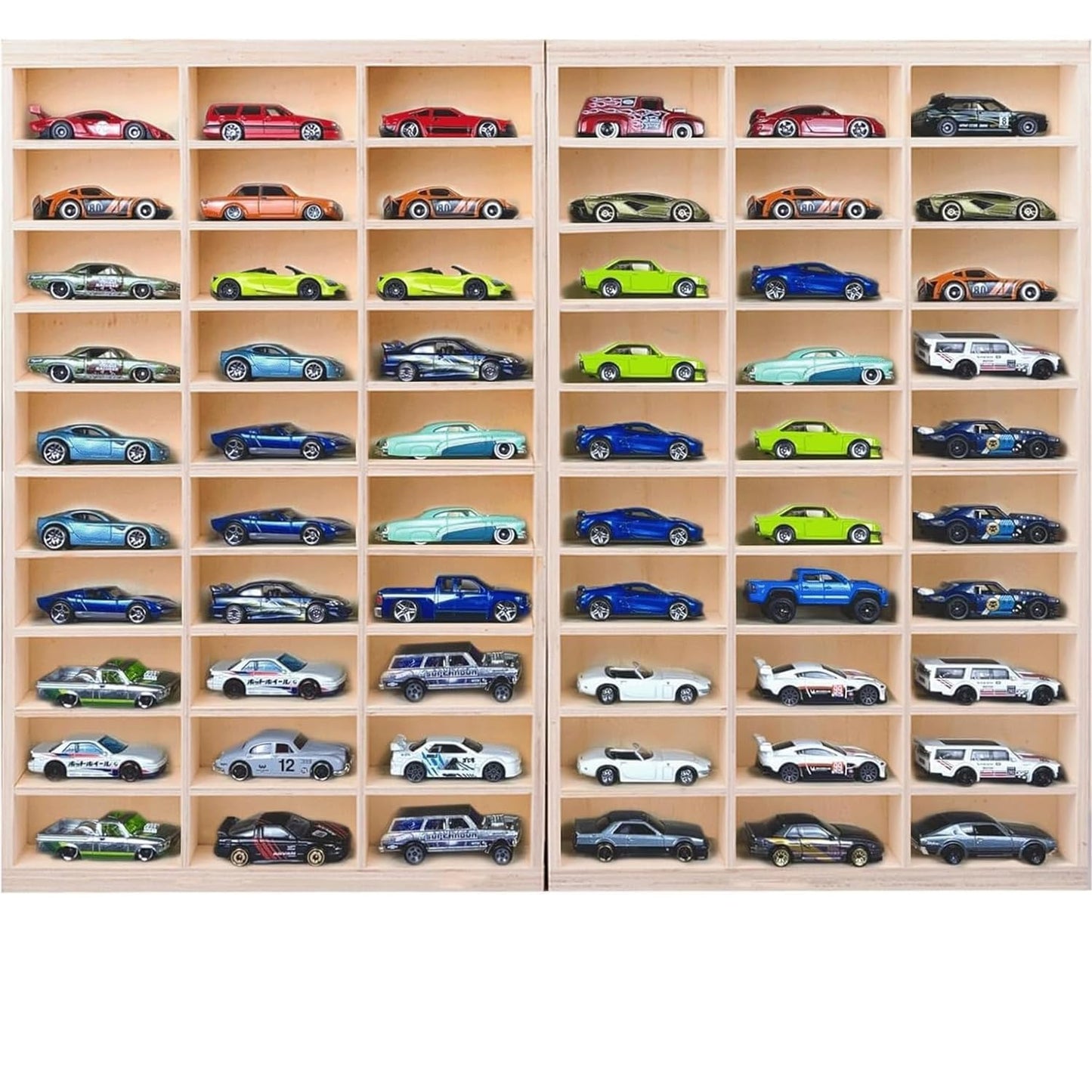 bestofCRAFT 60 Compartment Wooden Display for Cars – Holds 1:64 Scale Cars – Foldable Wall-Mount or Shelf Organizer