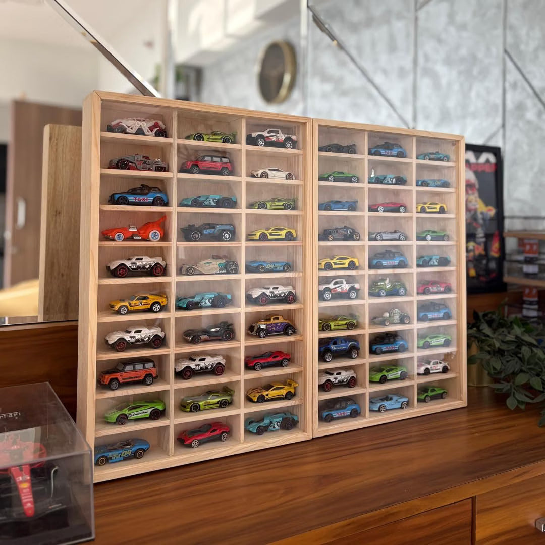 bestofCRAFT 60 Compartment Wooden Display for Cars – Holds 1:64 Scale Cars – Foldable Wall-Mount or Shelf Organizer