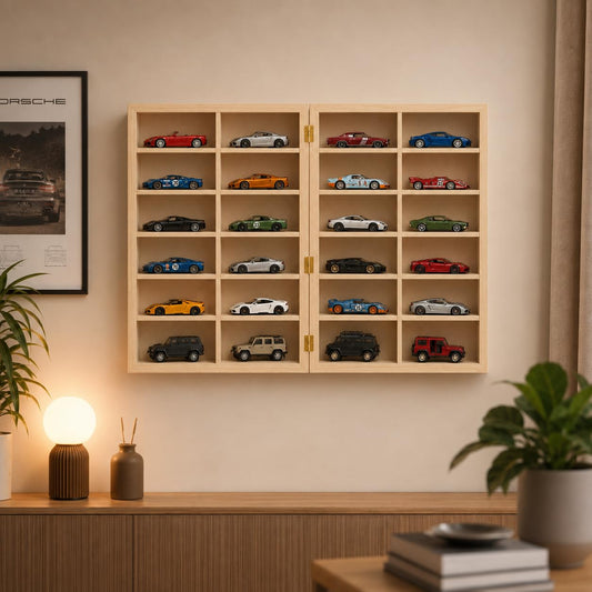 24 Compartment Wooden Display for 1:43 Scale Cars | Foldable Wall Mount and Freestanding Diecast Car Organizer Shelf | Wooden Storage Rack for Hot Wheels, Matchbox and Collectible Cars