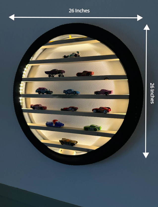 26-Inch Tyre Wall Shelf for Diecast Cars with Warm LED Light