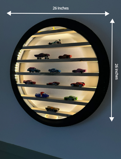 26-Inch Tyre Wall Shelf for Diecast Cars with Warm LED Light