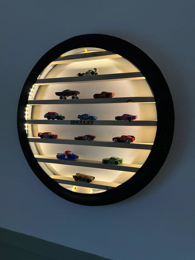 26-Inch Tyre Wall Shelf for Diecast Cars with Warm LED Light